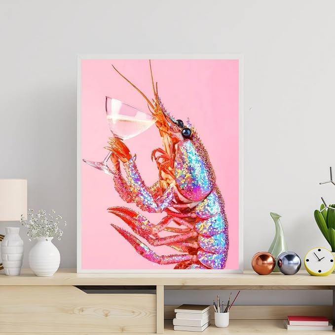 5D Pink Lobster Cocktail Diamond Art kits for Adults Beginners 12x16in | Diamond Painting Kit DIY Full Round Drill Paint by Diamonds Dot Gem Art for Adult, Home Wall Decor