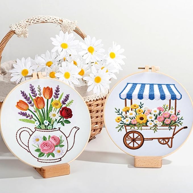 ORIGACH 6 Pack Vase Letter Book & Flower Wreath Embroidery Kits for Beginners, DIY Starter Hand Embroidery Kit with Floral & Objects Patterns and Instructions for Adults Women Crafting