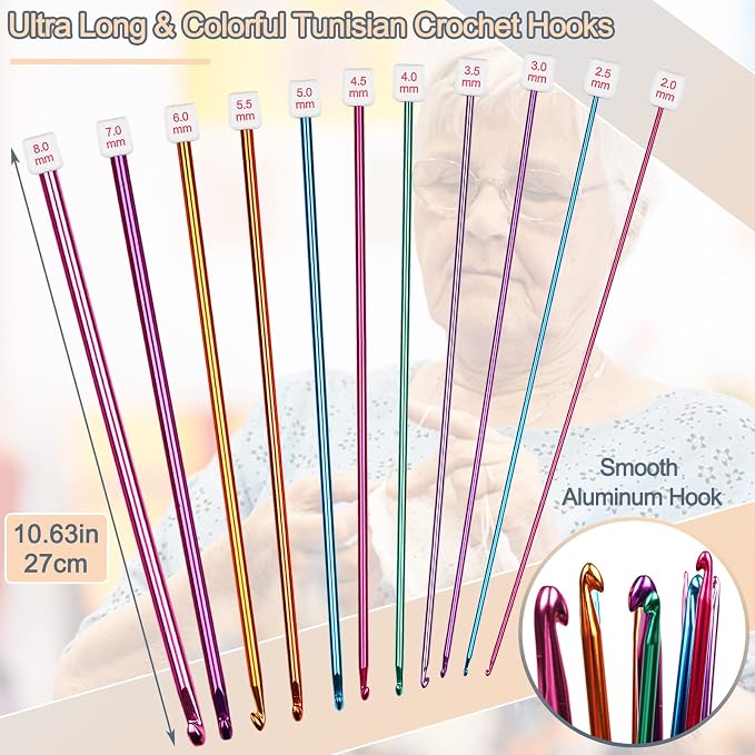 Coopay 11Pcs Tunisian Crochet Hooks Set-Long Crochet Hook, 2mm(B)-8mm(L) | Afghan Crochet Needles for Crocheting Large Projects, Great Knitting & Crochet Supplies for Beginner, Crocheter & Knitter