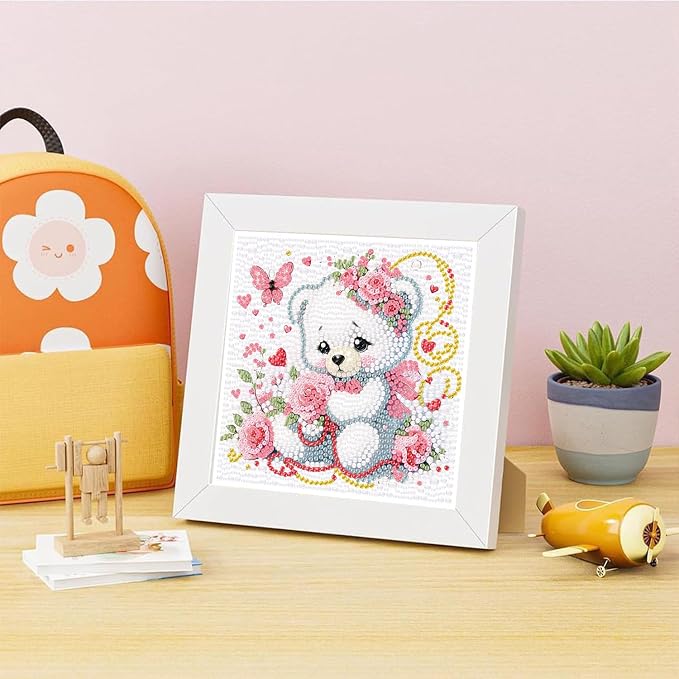 ajepon Bear Diamond Art Kits for Kids with Frame, Animal Diamond Art for Kids Ages 8-12, Cartoon Bear Diamond Painting Kits for Kid with Beautiful Package for Gift Home Wall Decor(7x7inch)