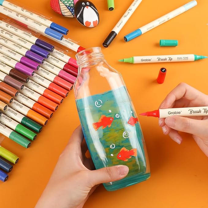 Grabie 72 Color Acrylic Paint Markers, Pack of 36 Dual Tip Brush Pens | 72 Colors in 36 Markers,Dual Tip Soft Brush Design,Water-Based Acrylic Ink For Paper, Rock, Wood, Canvas, Glass & Fabric