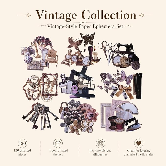 120 Pcs Vintage Scrapbooking Supplies for Junk Journal, Creative DIY Journaling Kit, Non-Adhesive Paper Ephemera for Decoration and Collage