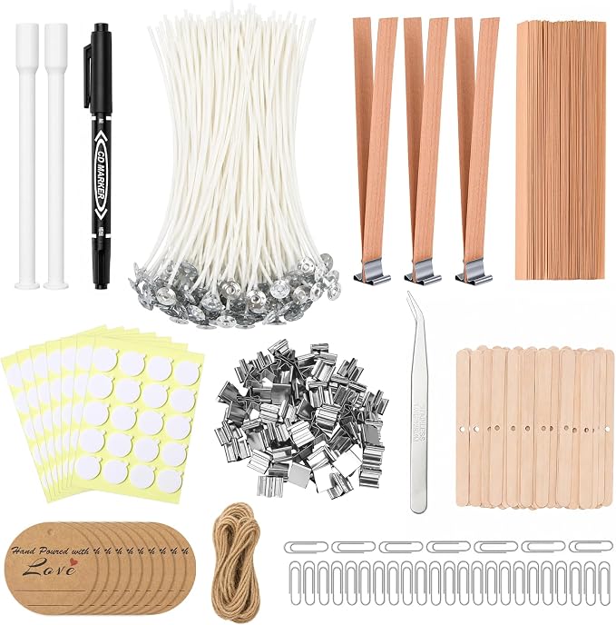 375Pcs Candle Making Kit, 6" Cotton & 5" Wood Wicks | Wick Holders, Candle Stickers, Tweezers, Pen, Use for DIY Candle Making, Home Craft & Gift