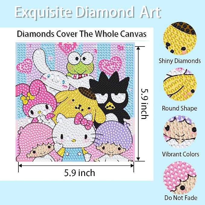 Fuinkqe Small Diamond Art Kits for Kids with Frame,Cartoon Diamond Painting Kits for Kids Ages 6-8-12,Paint with Diamonds Gem Art Mosaic Kits for Gifts and Home Decor 7X7 Inch