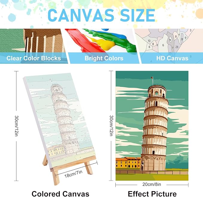 4 Pack Framed Paint by Numbers Kit for Adults with Wooden Easel, 8x12 Inch | Travel Cityscape, Easy DIY Acrylic Canvas Craft Kit with Frame for Beginners, Home Decor, Stress Relief Relaxing Hobby Gift