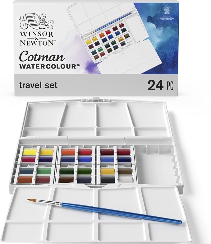Winsor & Newton Cotman Watercolor Paint Set, 24 Half Pan Painting Plus Set | Introductory Watercolor made with Fine Art Pigments, Perfect for Beginners, Lightfast & Permanent, Good Tinting Strength