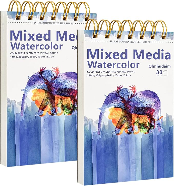 2-Pack Watercolor Paper Pad 4" x6”(30 Sheets, 140lb/300g), Spiral - Bound with Tear - Line. A Small Watercolor pad and Artist-Grade Watercolor Book for Adults & Kids -Compact Travel Sketchbook