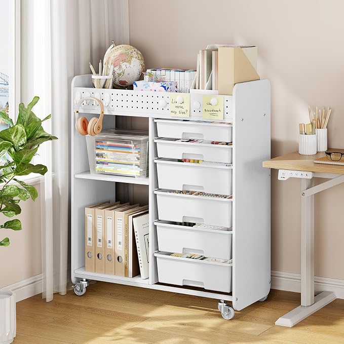 Rolling Craft Cart with 6 Drawers, Pegboard and Locking Wheels White
