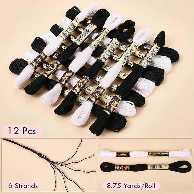 12 Skeins 105 Yards Black White Embroidery Floss Thread for Craft