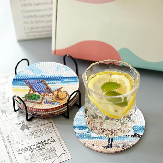 askkqtx 8 Pcs Beach Diamond Art Coasters Kits with Holder 4X4 Inch