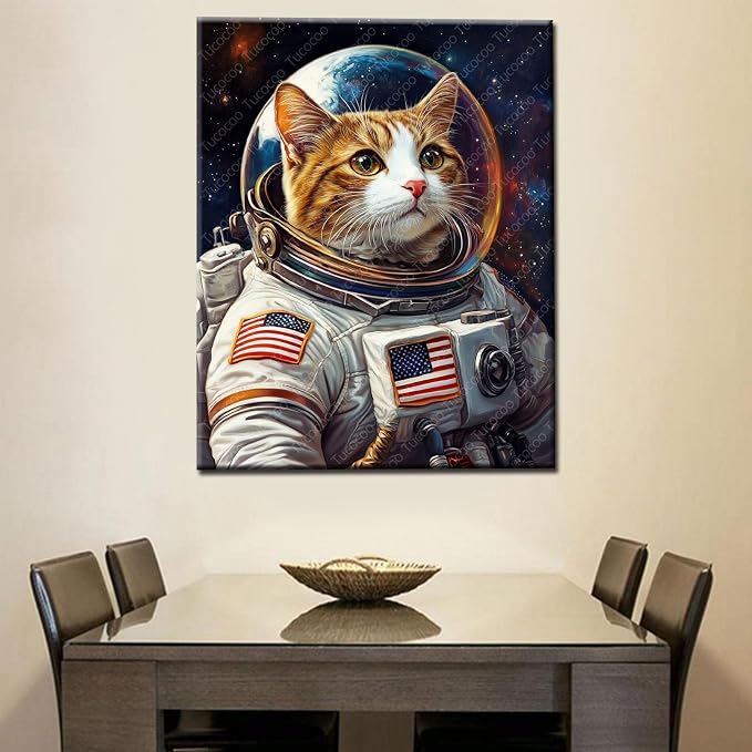 Tucocoo Cat DIY Paint by Numbers for Adults Cat Astronaut DIY Digital Oil Painting Acrylic Paint Planet Outer Space Painting Kits Canvas Wall Art Funny Room Decor 16x20 Inch （Without Frame ）