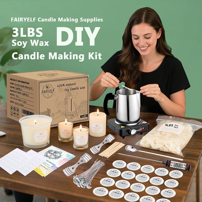 FAIRYELF 3lbs Soy Wax Candle Making Kit for Adults, DIY Craft Supplies Set | Natural Candle Wax Flakes, Electric Wax Melting Hot Plate, Melting Pot & Wick, Home Decorations for Handmade Scented Candles