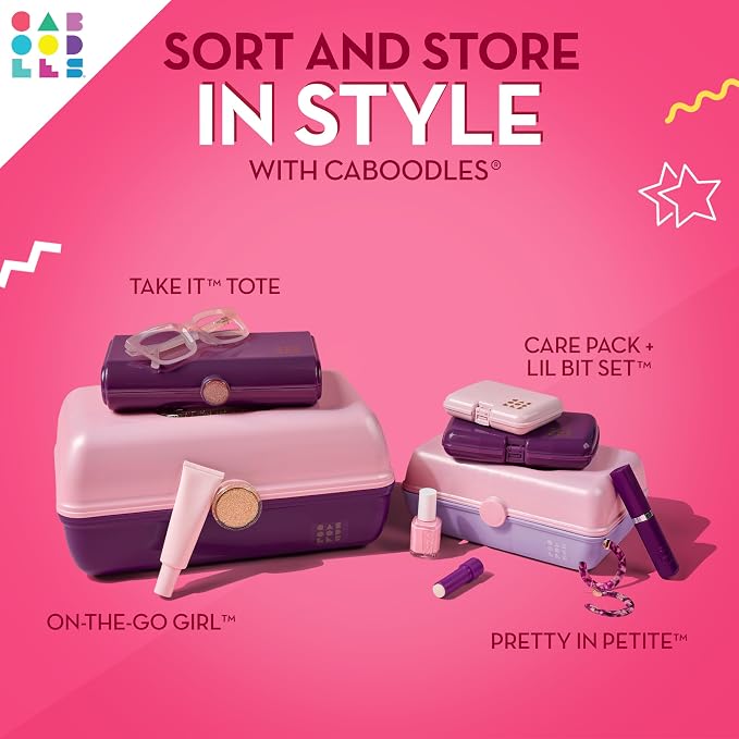 Caboodles On-The-Go Girl Makeup Box, Deep Pink Sparkle, Hard Plastic Makeup Organizer Box, Built-In Mirror, Secure Latch for Safe Travel, Spacious Storage for Large Items
