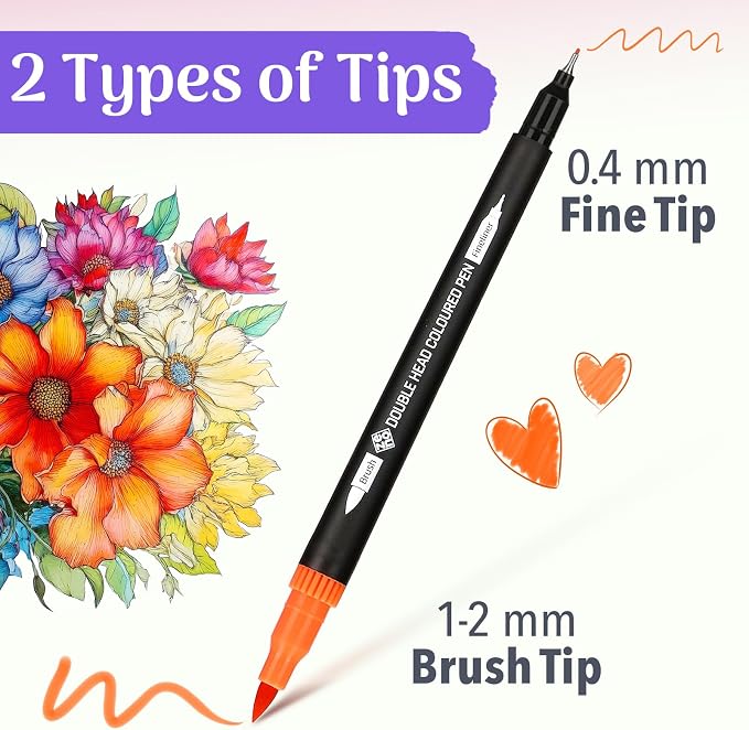 ZENO 72 Dual Tip Markers Set-B with Case – No-Bleed Art Markers for Adults – Fine & Brush Tips - Watercolor Pens for Artists, Journaling, and Creative Projects