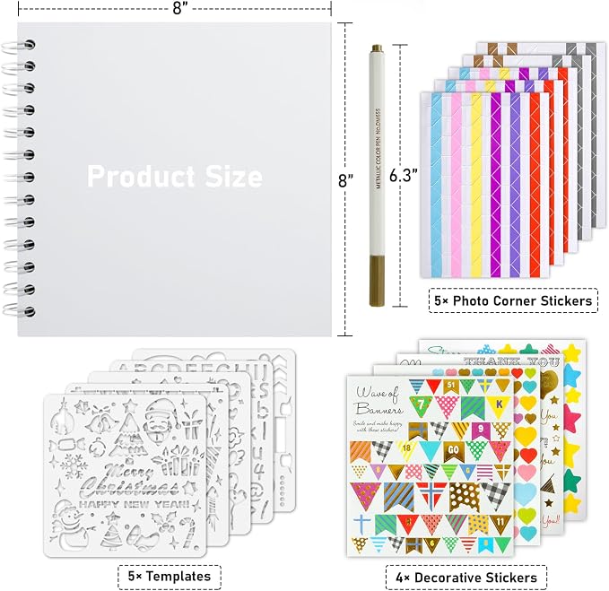 GOTIDEAL 8 x 8 Inch Scrapbook Album with Metallic Markers, White, 40 Pages | Kraft Paper Photo Albums for Wedding & Anniversary, Family DIY Scrap Books with Scrapbooking Stickers Corners