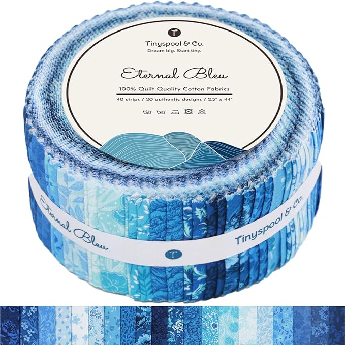 Tinyspool & Co.'s Twirlie Roll 40 Precut Quilting Fabric Strips for Quilting Supplies, Crafting, and Sewing, Soft Cotton Strip for Blanket, Rug, Upholstery, Home Decor, and Purse Making, Eternal Bleu