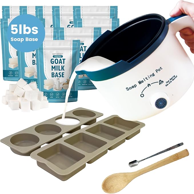 PIUH Goat Milk Soap Making Kit with Soap Melter and 5 Lbs Soap Base | SLS/SLES Free, No Palm Oil Soap Making Supplies Kit with Natural Goats Milk Soap Base for Starter Adults Soap Makers