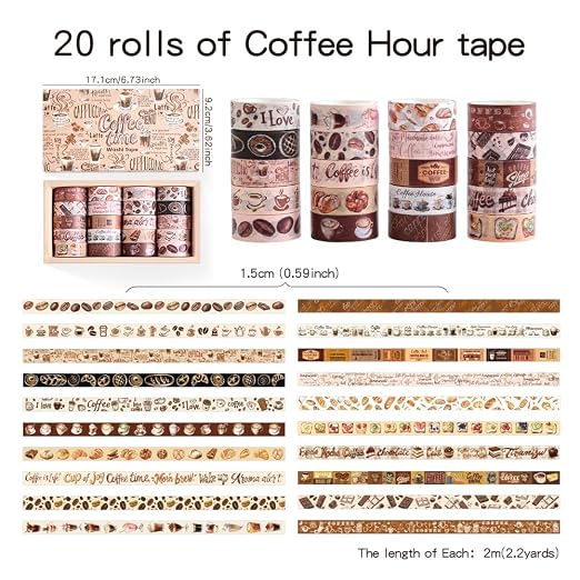 icceemee 20 Rolls Coffee Theme Washi Tape Set, Writable Decorative Tapes for Scrapbooking, Junk Journal Supplies, Bullet Journaling, Bullet Journaling, 0.6"x79" per Roll