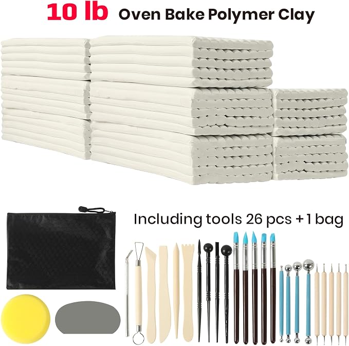 CALPALMY Oven Bake Polymer Clay 10lb with Tools Kit, White Sculpting Material for Modeling & Crafts, Soft Until Baked, Non-Toxic DIY Clay for Figurines, Miniatures, Jewelry & Pottery Projects