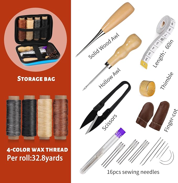 Leather Sewing Kit Leather Stitching Kit with Sewing Awl Waxed Thread