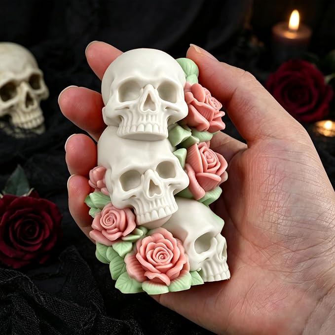 Halloween Skull Candle Mold, 3 Layer Columnar Rose Skull Mold | 3D Rose Style Skull Silicone Mold for Candle Making, Epoxy Resin Casting, Halloween Resin Night Light DIY Craft Handmade Gift