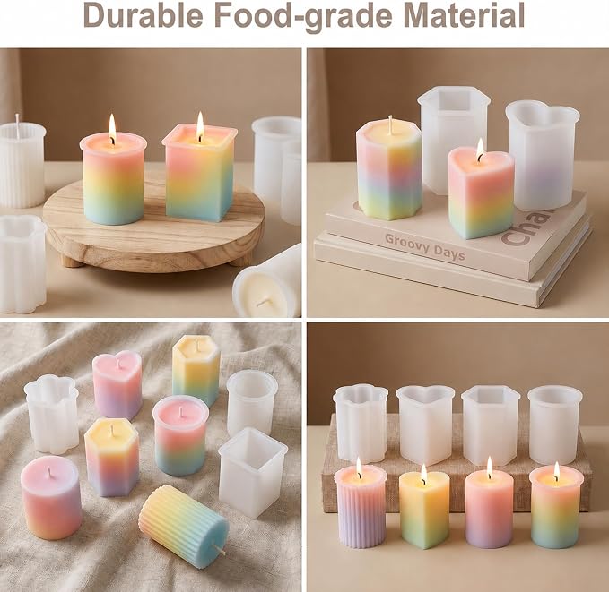 8 Pcs Candle Making Molds, Silicone Candle Molds for Making | Candle Molds Set, Cylinder Hexagon Octagonal Heart Flower Square Shapes for DIY Candle Making, Release Candle Making Kit
