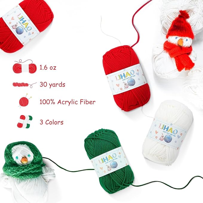 LIHAO 6 Skeins Yarn for Knitting Christmas Themed Red Green White Yarn for DIY Xmas Crochet Crafts - 100% Acrylic (50g/Skein)