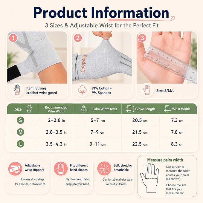 Coopay Crochet Hooks Gloves, Size L, 2 Pcs | Adjustable Wrist Guard with Palm Grip Strips, Ergonomic Half Finger Design Relieve Wrist Fatigue for Crochet Lovers