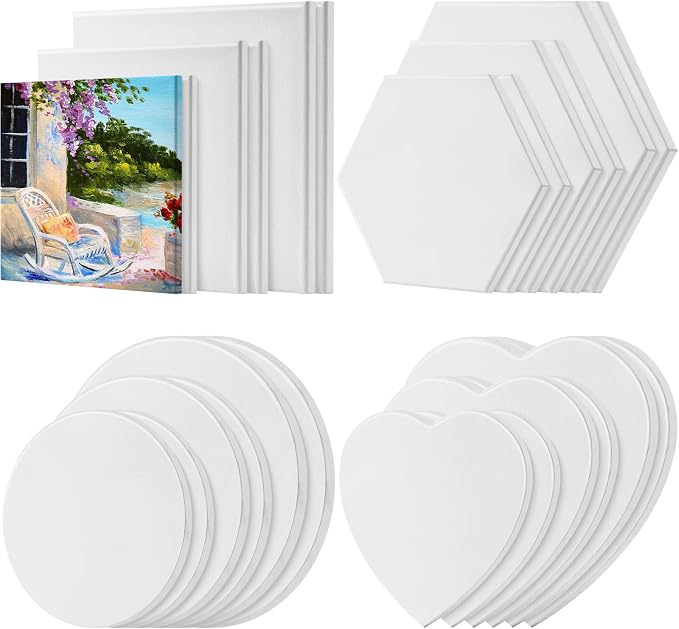 Thenshop 24 Pieces Stretched Canvas for Painting Bulk Blank Canvas Board, Square Round Hexagon Heart Shaped Frame for Kids Art Supplies for Acrylic Pouring Oil Painting(Assorted Shapes)