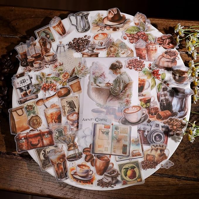 CATaireen Vintage Junk Journal Ephemera Scrapbooking Supplies Translucent Vellum Paper Stickers Card Making Decal Art Aesthetic for Adults (Ephemera Coffee -2)