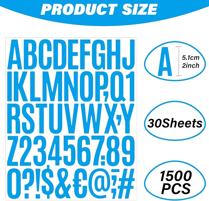 Letter Stickers 30 Sheets 1500 PCS Large Alphabet Sticker 2 Inch Vinyl Self Adhesive Stick on Stickers for Water Bottles Cup Mailbox Number Address Crafts Scrapbook Bulletin Board Decor (Light Blue)