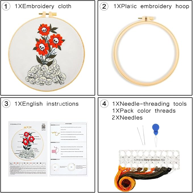 Crafmanoe Halloween Embroidery Starter Kit for Beginners Adults, Skull Flowers Stamped Cross Stitch Kits for Beginners Adults, Gothic Hand Embroidery Needlepoint Kits, Hoops, Fabric and Video Tutorial