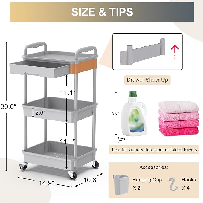Goovilla 3 Tier Rolling Utility Cart Organizer with Removable Drawer, Grey | Stable and Sturdy Rolling Storage Carts with 2 Lockable Wheels for Bathroom, Kitchen, Snack, Craft, Makeup, Baby Essentials