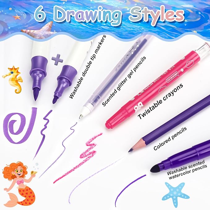 98Pcs Washable Scented Marker Set, Mermaid Pencil Case & Stationery Art and Craft for Kids Coloring Set Birthday Gift Include Markers, Glitter Pens, Crayons Drawing Kits for Girls 4 5 6 7 8 9 10 11 12