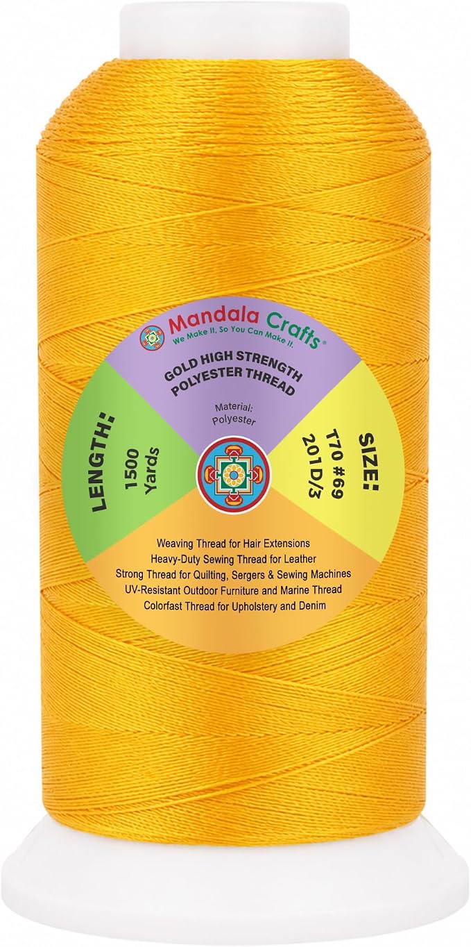 Mandala Crafts Gold Tex 70 Polyester Heavy Duty Thread for Upholstery | 1500 Yds T70 UV Resistant Strong Thread for Leather Sewing, Marine, Drapery, Jeans, Hair Weaving & Extension, Outdoor