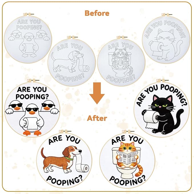 BEUNITONE 4 Pack Beginner Embroidery Kit for Adults, Funny Animal Pre-Stamped Pattern Needlepoint Kits with Hoop, Tools & Instruction, 7.9"x7.9" Hand Embroidery Kits for Fabric and Home Decor