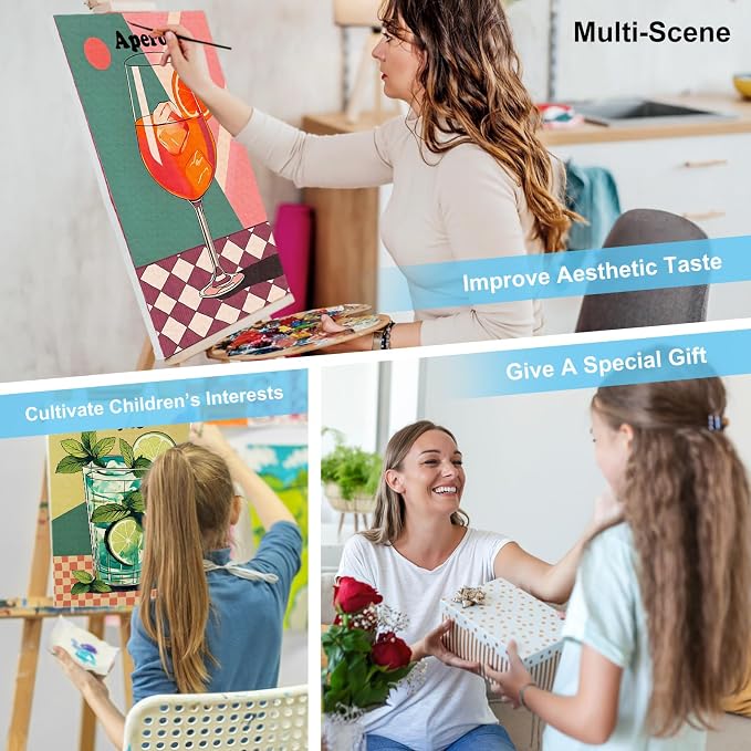 4 Pack Framed Paint by Numbers Kit for Adults with Wooden Easel, 8x12 Inch | Retro Cocktail, Easy DIY Acrylic Canvas Craft Kit with Frame for Beginners, Home Decor, Stress Relief Relaxing Hobby Gift