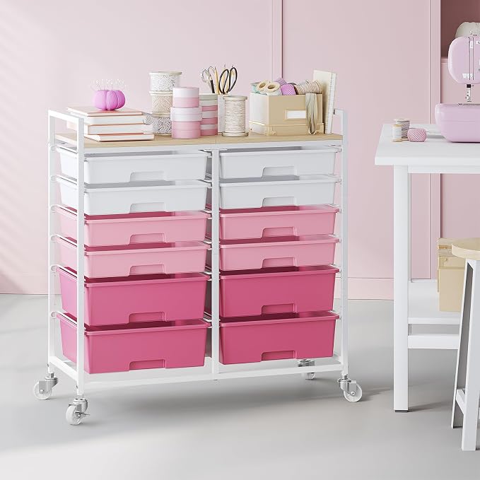 TOOLF 12 Drawers Rolling Storage Cart with Wooden Top for Classroom,Pink | Teacher Cart Craft Art Supply Organizer, Utility Cart with Lockable Wheels for Home Household Essentials, Office Organization
