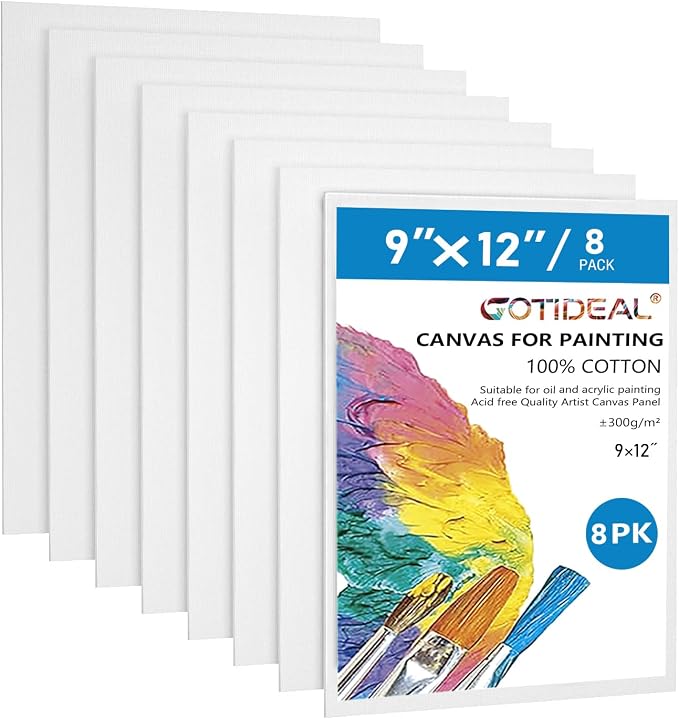 GOTIDEAL Canvases for Painting, 9x12 inch of 8 Pack, 100% Cotton | Professional Primed White Blank Flat Canvas Panels, Artist Canvas Boards for Acrylics Painting, Oil Watercolor Tempera