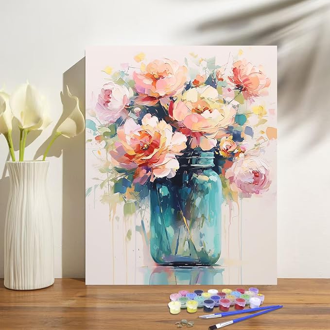 Flowers in Bottle Paint by Numbers Kit for Adults Beginner Flower Oil Painting Kit Adult Paint by Number Kits on Canvas DIY Painting for Beginners Art by Numbers for Gifts Home Wall Decor 16x20 Inch