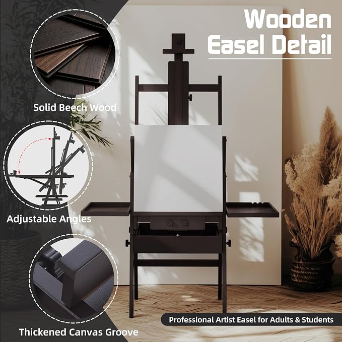 Beech Wood H-Frame Easel for Painting with Tray & Drawer, Walnut