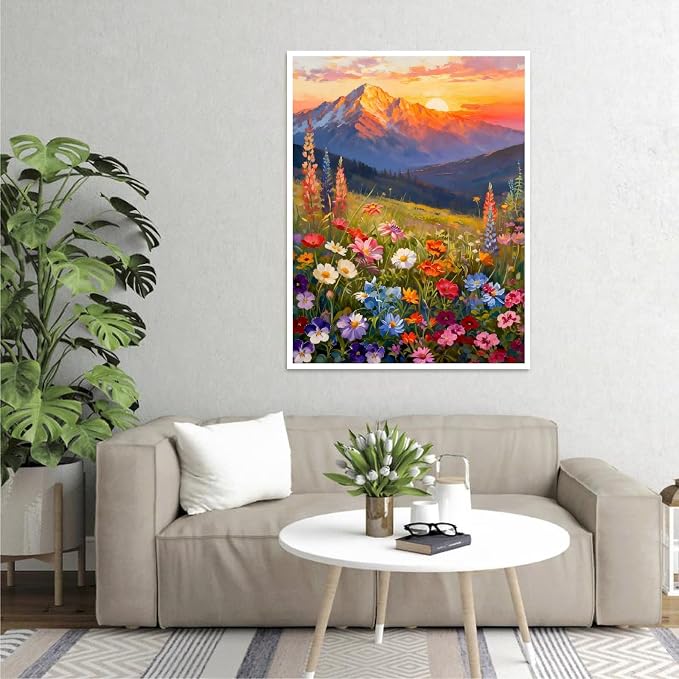 Clendo Landscape Paint by Numbers Kit for Adults Beginner, Flower Mountain Adult Paint by Number Kits on Canvas, Sunset Oil Painting Kit for Beginners Gift Home Wall Decor 16x20 Inch