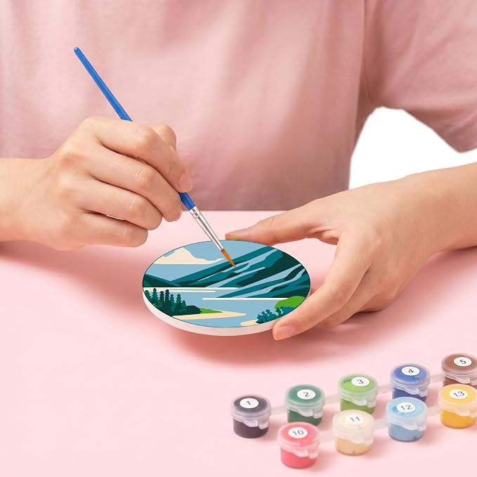 8 Pack Mountain Paint by Numbers Kits Coasters with Holder Cork Pads | Landscape Paint by Number Kit for Adult Simple Round Oil Painting Coaster for Small DIY Craft Holiday Birthday Gift 3.9x3.9in