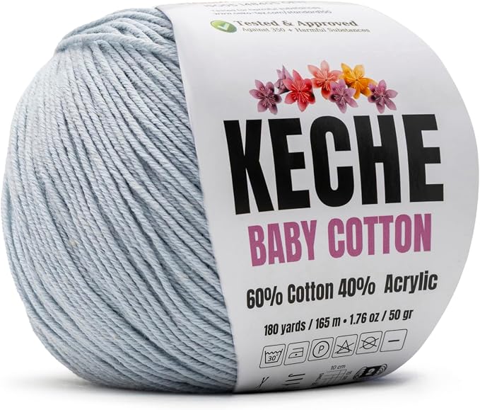 Keche Baby Cotton, 60% Cotton 40% Acrylic Yarn, Soft Cotton Yarn for Crochet and Knitting, Amigurumi Yarn 1 Skein/Ball 1.76 Oz (50g) / 180 Yrds (165m) - Light Blue Grey