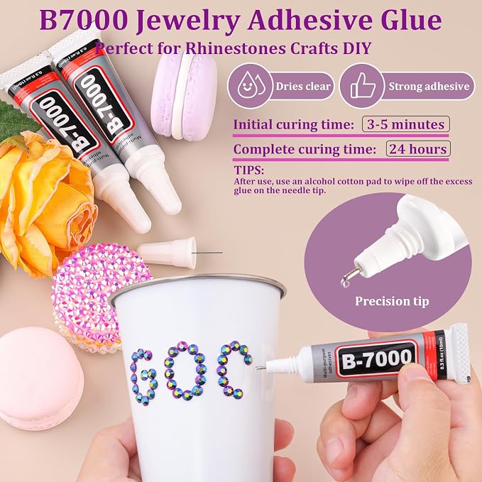 Resin Jelly Rhinestones for Crafting with B7000 Jewelry Glue, 1 Box Purplish Black AB Flatback Crystal with 3Pcs 10ml Glue, Bedazzling Non Hotfix Gems for DIY Tumblers Clothing Shoes Manicure