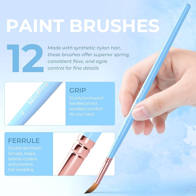 Nicpro 12pcs Artist Paint Brush Set, Paint Brushes for Acrylic Painting | Aesthetic Pastel Paintbrushes for Acrylic Oil Watercolor, Gouache, Craft, Face, Body, Art Supplies for Artists and Beginners