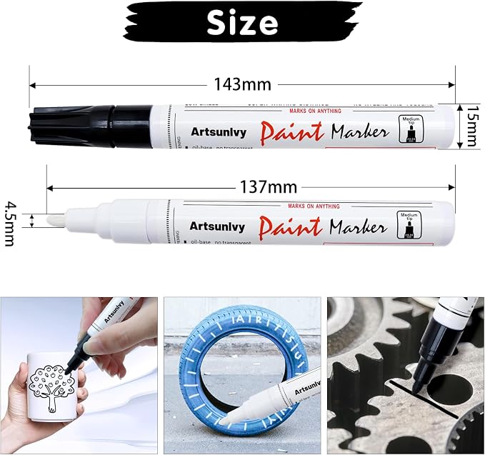 Artsunlvy Permanent Paint Pens Paint Markers - 2 Pack Black & White Oil Based Quick Dry Waterproof Markers For Tire, Rubber,Wood, Rocks, Metal, Canvas