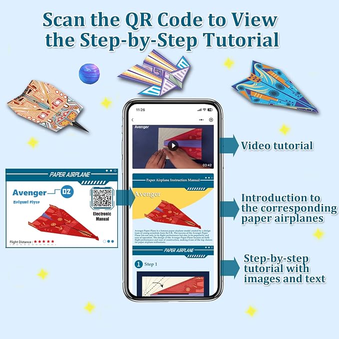 Paper Airplane Kits with 16 Classic Designs, 32 Sheets of Colorful Origami Paper, World Record Paper Planes, Craft Kit for Kids, Airplane Gifts for Boys and Girls Ages 6-12+ (Digital Manual Only)