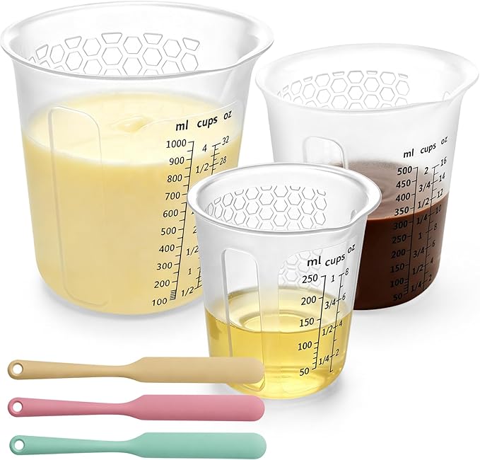 Palksky Silicone Measuring Cups Set (1-Cup & 2-Cup & 4-Cup) with Jar Spatula, Microwave Safe, Honeycomb Heat-Control Grip, Easy-Read Liquid Measuring for Baking, Cooking & Chocolate Melting
