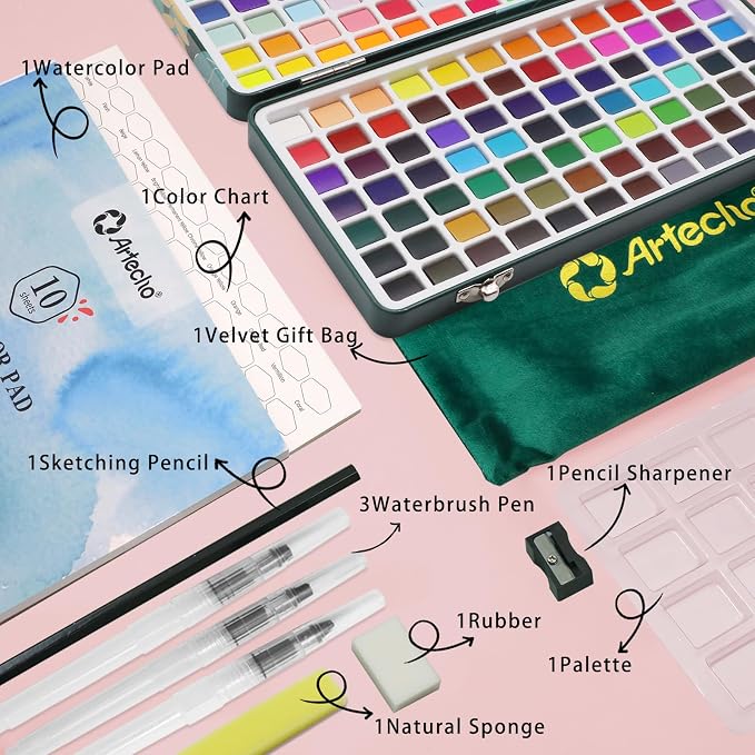 Artecho 168-Color Watercolor Paint Set with Metallics, Tin Case | 168 Colors: 84 Classic, 48 Metallic, 24 Pastel & 12 Fluorescent; Watercolor Pad, 3 Water Brushes and Art Tools Included